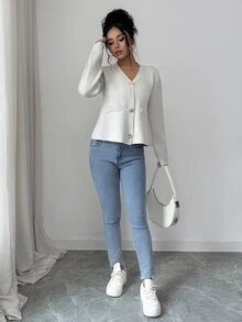 Elenzga Women's Vintage V-Neck Pocket 3-Button Cardigan Sweater - Grey - View 4