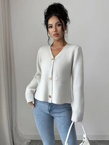 Elenzga Women's Vintage V-Neck Pocket 3-Button Cardigan Sweater - Grey - View 3