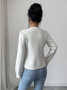 Elenzga Women's Vintage V-Neck Pocket 3-Button Cardigan Sweater - Grey - View 2