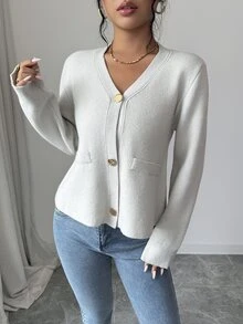 Elenzga Women's Vintage V-Neck Pocket 3-Button Cardigan Sweater - Grey - View 5