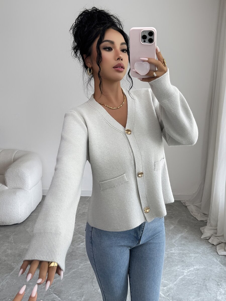 Elenzga Women's Vintage V-Neck Pocket 3-Button Cardigan Sweater - Grey - View 1
