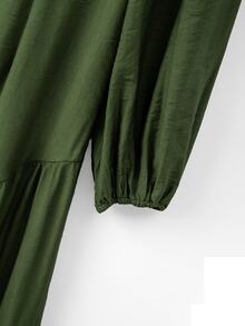 SHEIN Women's V-Neck Single Row Coconut Button Lantern Long Sleeve Cinched Waist Ruffle Hem A-Line Elegant Fashion Design Vintage Slimming Dress - Green - View 5