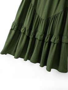SHEIN Women's V-Neck Single Row Coconut Button Lantern Long Sleeve Cinched Waist Ruffle Hem A-Line Elegant Fashion Design Vintage Slimming Dress - Green - View 8