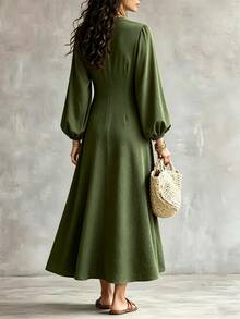 SHEIN Women's V-Neck Single Row Coconut Button Lantern Long Sleeve Cinched Waist Ruffle Hem A-Line Elegant Fashion Design Vintage Slimming Dress - Green - View 2