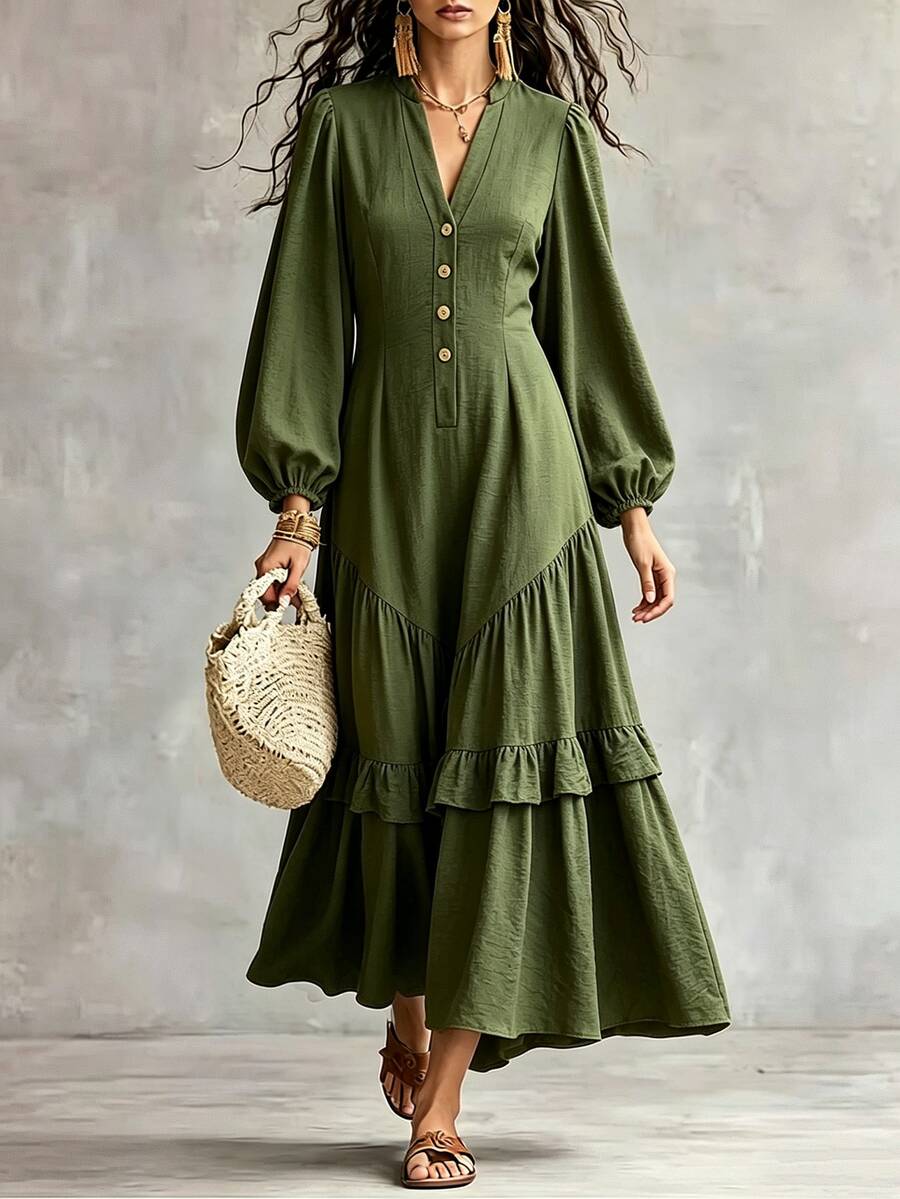 SHEIN Women's V-Neck Single Row Coconut Button Lantern Long Sleeve Cinched Waist Ruffle Hem A-Line Elegant Fashion Design Vintage Slimming Dress - Green - View 1