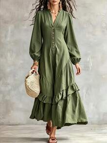 SHEIN Women's V-Neck Single Row Coconut Button Lantern Long Sleeve Cinched Waist Ruffle Hem A-Line Elegant Fashion Design Vintage Slimming Dress - Green - View 3