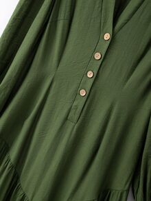 SHEIN Women's V-Neck Single Row Coconut Button Lantern Long Sleeve Cinched Waist Ruffle Hem A-Line Elegant Fashion Design Vintage Slimming Dress - Green - View 7