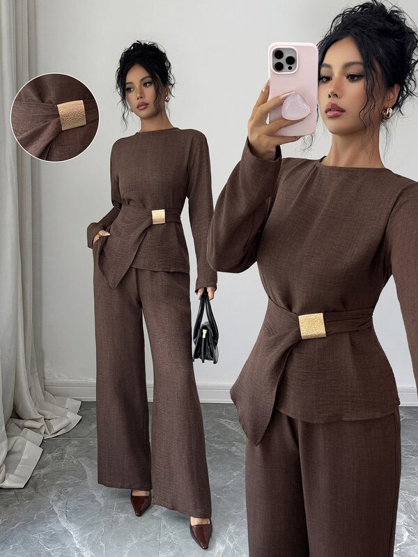 Elenzga Women's Autumn Elegant Teachers' Day Office Dinner Solid Color Round Neck Metal Decor Elastic Cinched Waist A-Line Long Sleeve Shirt 2-Piece Set Brown