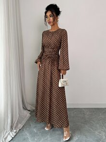 Elenzga 女款春夏秋冬法式優雅奢華極簡設計休閒波希米亞度假通勤老錢風舒適仿亞麻波點印花圓領抽褶腰抽繩後背鬆緊腰喇叭袖長袖長洋裝 - 棕色 - 查看 6