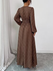 Elenzga 女款春夏秋冬法式優雅奢華極簡設計休閒波希米亞度假通勤老錢風舒適仿亞麻波點印花圓領抽褶腰抽繩後背鬆緊腰喇叭袖長袖長洋裝 - 棕色 - 查看 2