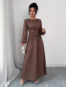 Elenzga 女款春夏秋冬法式優雅奢華極簡設計休閒波希米亞度假通勤老錢風舒適仿亞麻波點印花圓領抽褶腰抽繩後背鬆緊腰喇叭袖長袖長洋裝 - 棕色 - 查看 7