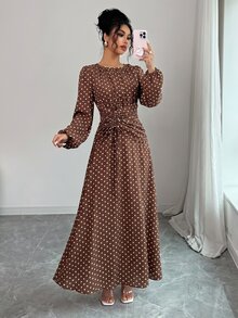 Elenzga 女款春夏秋冬法式優雅奢華極簡設計休閒波希米亞度假通勤老錢風舒適仿亞麻波點印花圓領抽褶腰抽繩後背鬆緊腰喇叭袖長袖長洋裝 - 棕色 - 查看 4