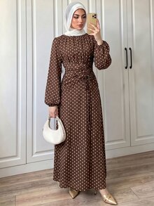 Elenzga 女款春夏秋冬法式優雅奢華極簡設計休閒波希米亞度假通勤老錢風舒適仿亞麻波點印花圓領抽褶腰抽繩後背鬆緊腰喇叭袖長袖長洋裝 - 棕色 - 查看 5