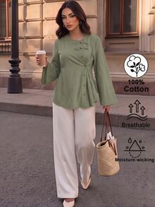 Elenzga Women's Solid Color Single-Breasted Long Sleeve Casual Shirt - Army Green - View 7