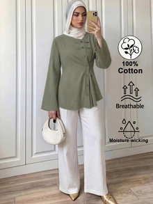 Elenzga Women's Solid Color Single-Breasted Long Sleeve Casual Shirt - Army Green - View 1