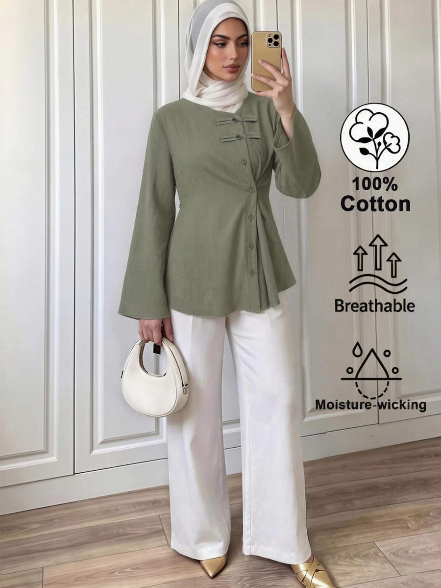 Elenzga Women's Solid Color Single-Breasted Long Sleeve Casual Shirt - Army Green - View 1