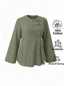 Elenzga Women's Solid Color Single-Breasted Long Sleeve Casual Shirt - Army Green - View 5
