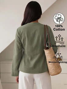 Elenzga Women's Solid Color Single-Breasted Long Sleeve Casual Shirt - Army Green - View 2