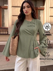Elenzga Women's Solid Color Single-Breasted Long Sleeve Casual Shirt - Army Green - View 6