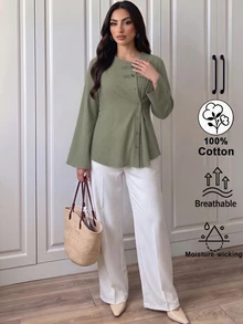 Elenzga Women's Solid Color Single-Breasted Long Sleeve Casual Shirt - Army Green - View 4