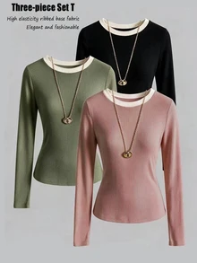 SHEIN Clasi Atasan Wanita Lengan Panjang Bergaris dengan Trim Kontras, Berbagai Warna, Potongan Slim Fit, Paket Multipack untuk Musim Gugur, Cocok untuk Kantor, Perjalanan Sehari-hari, dan Pakaian Dalam. - MultiWarna - View 2