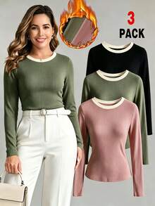 SHEIN Clasi Atasan Wanita Lengan Panjang Bergaris dengan Trim Kontras, Berbagai Warna, Potongan Slim Fit, Paket Multipack untuk Musim Gugur, Cocok untuk Kantor, Perjalanan Sehari-hari, dan Pakaian Dalam. - MultiWarna - View 8