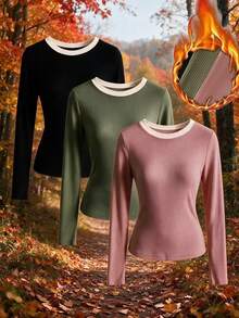 SHEIN Clasi Atasan Wanita Lengan Panjang Bergaris dengan Trim Kontras, Berbagai Warna, Potongan Slim Fit, Paket Multipack untuk Musim Gugur, Cocok untuk Kantor, Perjalanan Sehari-hari, dan Pakaian Dalam. - MultiWarna - View 9