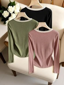 SHEIN Clasi Atasan Wanita Lengan Panjang Bergaris dengan Trim Kontras, Berbagai Warna, Potongan Slim Fit, Paket Multipack untuk Musim Gugur, Cocok untuk Kantor, Perjalanan Sehari-hari, dan Pakaian Dalam. - MultiWarna - View 5