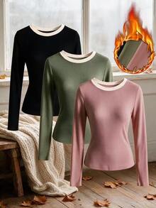 SHEIN Clasi Atasan Wanita Lengan Panjang Bergaris dengan Trim Kontras, Berbagai Warna, Potongan Slim Fit, Paket Multipack untuk Musim Gugur, Cocok untuk Kantor, Perjalanan Sehari-hari, dan Pakaian Dalam. - MultiWarna - View 1