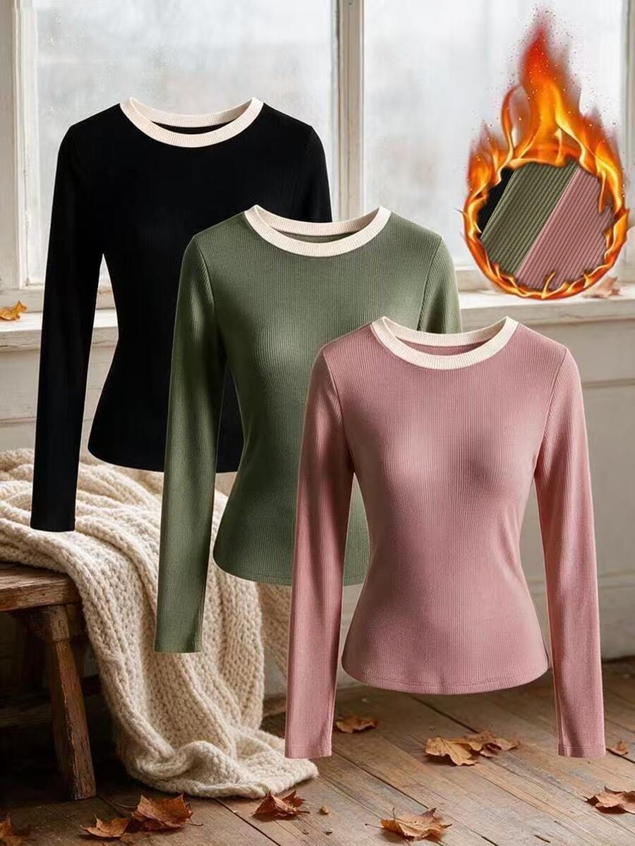 SHEIN Clasi Atasan Wanita Lengan Panjang Bergaris dengan Trim Kontras, Berbagai Warna, Potongan Slim Fit, Paket Multipack untuk Musim Gugur, Cocok untuk Kantor, Perjalanan Sehari-hari, dan Pakaian Dalam. - MultiWarna - View 1