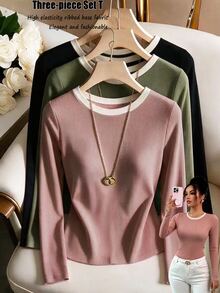 SHEIN Clasi Atasan Wanita Lengan Panjang Bergaris dengan Trim Kontras, Berbagai Warna, Potongan Slim Fit, Paket Multipack untuk Musim Gugur, Cocok untuk Kantor, Perjalanan Sehari-hari, dan Pakaian Dalam. - MultiWarna - View 3