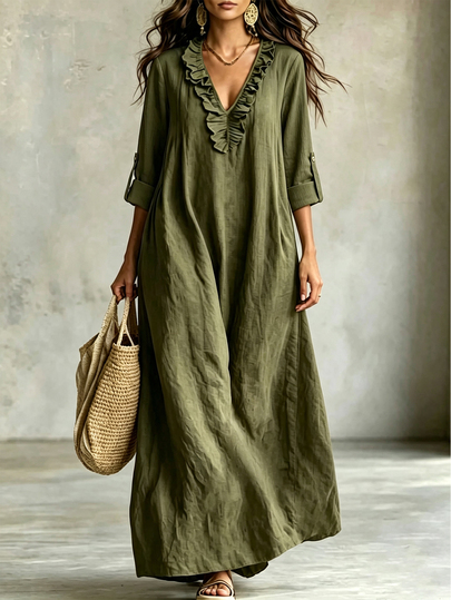 Breezaya Women's Autumn Olive Green V-Neck Ruffle Trim Rolled Sleeve Long Sleeve Loose Design High-End Elegant Birthday Gift Date Party Carnival Music Festival Cocktail Party Gathering Travel Beach Vacation Atmosphere Outfit Autumn Clothing Autumn Dress Autumn New Must-Have Fashion Item Niche Design Versatile Style Women's Elegant Dress