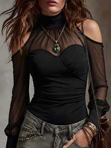 Breezaya Women's Spring/Summer Fashion Open Shoulder Mesh Patchwork Ruched Waist Slim Fit T-Shirt, Suitable For Daily Commute Night Out Going Out Black Sexy - Black - View 3
