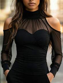 Breezaya Women's Spring/Summer Fashion Open Shoulder Mesh Patchwork Ruched Waist Slim Fit T-Shirt, Suitable For Daily Commute Night Out Going Out Black Sexy - Black - View 6