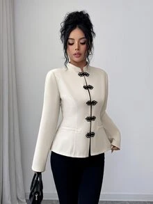 Elenzga Women's New Chinese Style Frog Button Long Sleeve Jacket, Elegant For Workplace - Apricot - View 5