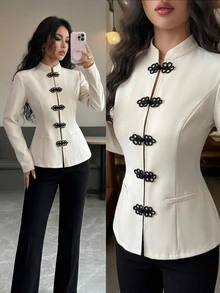Elenzga Women's New Chinese Style Frog Button Long Sleeve Jacket, Elegant For Workplace - Apricot - View 4