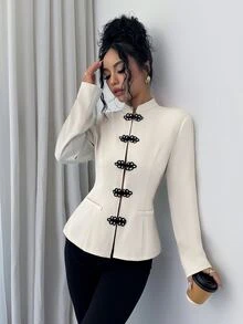 Elenzga Women's New Chinese Style Frog Button Long Sleeve Jacket, Elegant For Workplace - Apricot - View 6