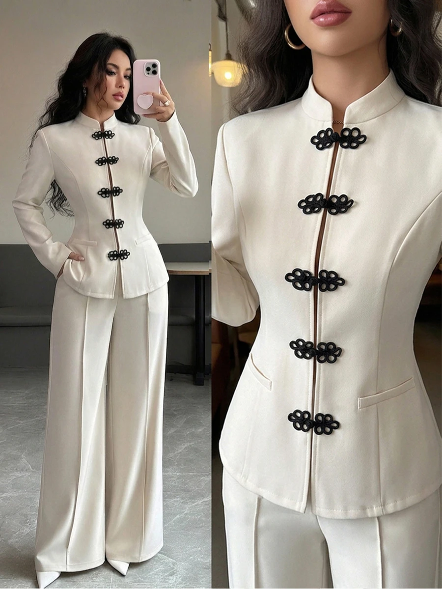 Elenzga Women's New Chinese Style Frog Button Long Sleeve Jacket, Elegant For Workplace - Apricot - View 1