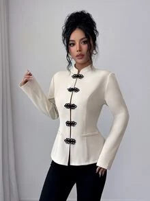 Elenzga Women's New Chinese Style Frog Button Long Sleeve Jacket, Elegant For Workplace - Apricot - View 8