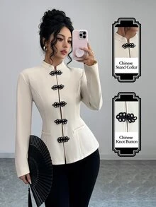 Elenzga Women's New Chinese Style Frog Button Long Sleeve Jacket, Elegant For Workplace - Apricot - View 3