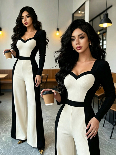 SHEIN Elenzya New Women's Long Sleeve One-Piece Jumpsuit, Slim Fit Knit Textured Fabric, Multi-Color, Fashionable Elegant Height-Enhancing Slimming Fitted Style, Versatile For Daily Commute, Party, Travel