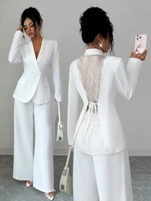 Elenzga Women's Elegant Blazer Jacket, Winter Coat, Casual Blazer, Winter Blazer, Elegant Jacket, Business Casual Top, Commuter Top, White Lace Top, Long Sleeve Top, Elegant Women's Clothing, Romantic Date Outfit - White - View 4