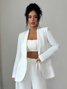 Elenzga Women's Elegant Blazer Jacket, Winter Coat, Casual Blazer, Winter Blazer, Elegant Jacket, Business Casual Top, Commuter Top, White Lace Top, Long Sleeve Top, Elegant Women's Clothing, Romantic Date Outfit - White - View 6