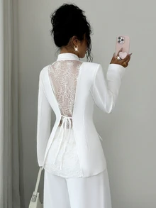 Elenzga Women's Elegant Blazer Jacket, Winter Coat, Casual Blazer, Winter Blazer, Elegant Jacket, Business Casual Top, Commuter Top, White Lace Top, Long Sleeve Top, Elegant Women's Clothing, Romantic Date Outfit - White - View 1