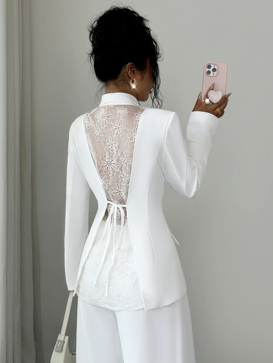 Elenzga Women's Elegant Blazer Jacket, Winter Coat, Casual Blazer, Winter Blazer, Elegant Jacket, Business Casual Top, Commuter Top, White Lace Top, Long Sleeve Top, Elegant Women's Clothing, Romantic Date Outfit - White - View 1