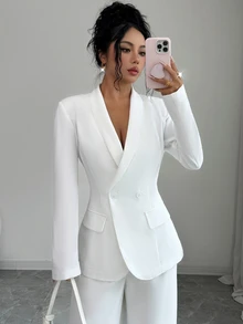 Elenzga Women's Elegant Blazer Jacket, Winter Coat, Casual Blazer, Winter Blazer, Elegant Jacket, Business Casual Top, Commuter Top, White Lace Top, Long Sleeve Top, Elegant Women's Clothing, Romantic Date Outfit - White - View 7
