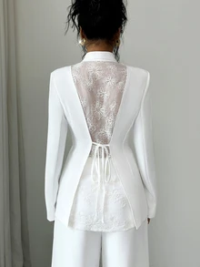 Elenzga Women's Elegant Blazer Jacket, Winter Coat, Casual Blazer, Winter Blazer, Elegant Jacket, Business Casual Top, Commuter Top, White Lace Top, Long Sleeve Top, Elegant Women's Clothing, Romantic Date Outfit - White - View 2