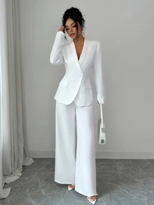 Elenzga Women's Elegant Blazer Jacket, Winter Coat, Casual Blazer, Winter Blazer, Elegant Jacket, Business Casual Top, Commuter Top, White Lace Top, Long Sleeve Top, Elegant Women's Clothing, Romantic Date Outfit - White - View 5