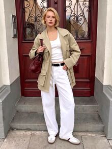 Struktiv Women's Spring/Autumn Elegant Casual Commuter Everyday Versatile Khaki Shirt Collar Double-Breasted Rivet Decor Cinched Waist Design Long Sleeve Mid-Length Utility Jacket - Khaki - View 3