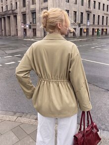 Struktiv Women's Spring/Autumn Elegant Casual Commuter Everyday Versatile Khaki Shirt Collar Double-Breasted Rivet Decor Cinched Waist Design Long Sleeve Mid-Length Utility Jacket - Khaki - View 2